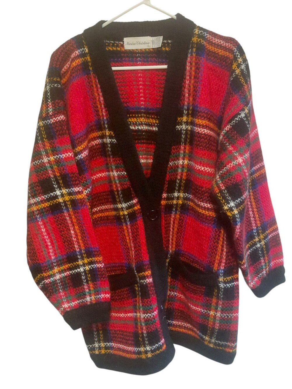 Marisa Christina 90s Vintage Red Tartan Plaid Knit Cardigan w/ Black Trim Size L